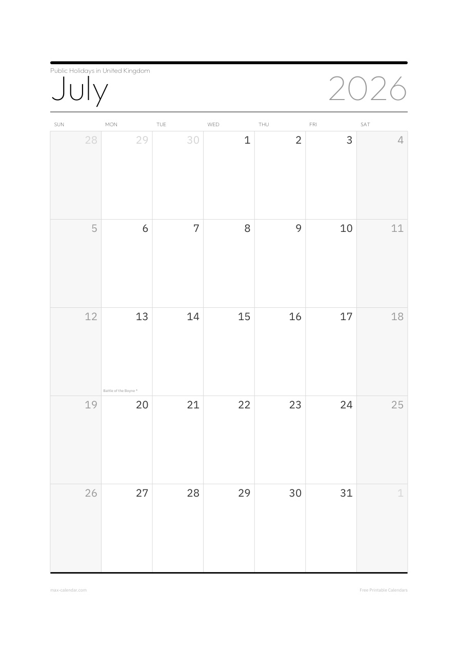 United Kingdom July 2026 holiday calendar — portrait, week starts Sunday
