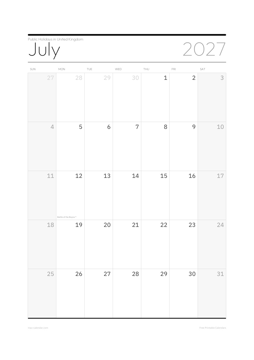United Kingdom July 2027 holiday calendar — portrait, week starts Sunday