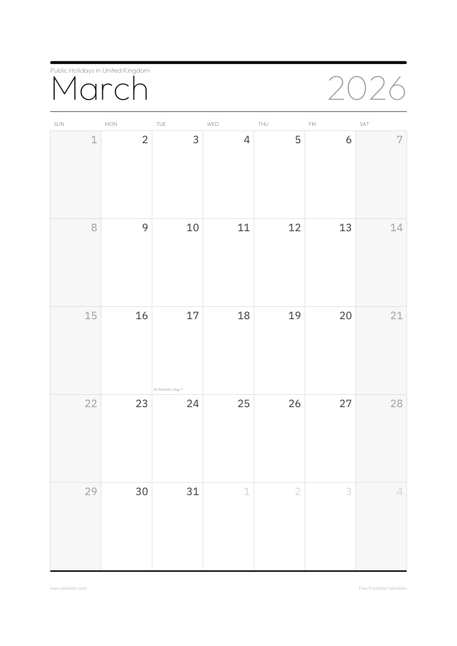 United Kingdom March 2026 holiday calendar — portrait, week starts Sunday
