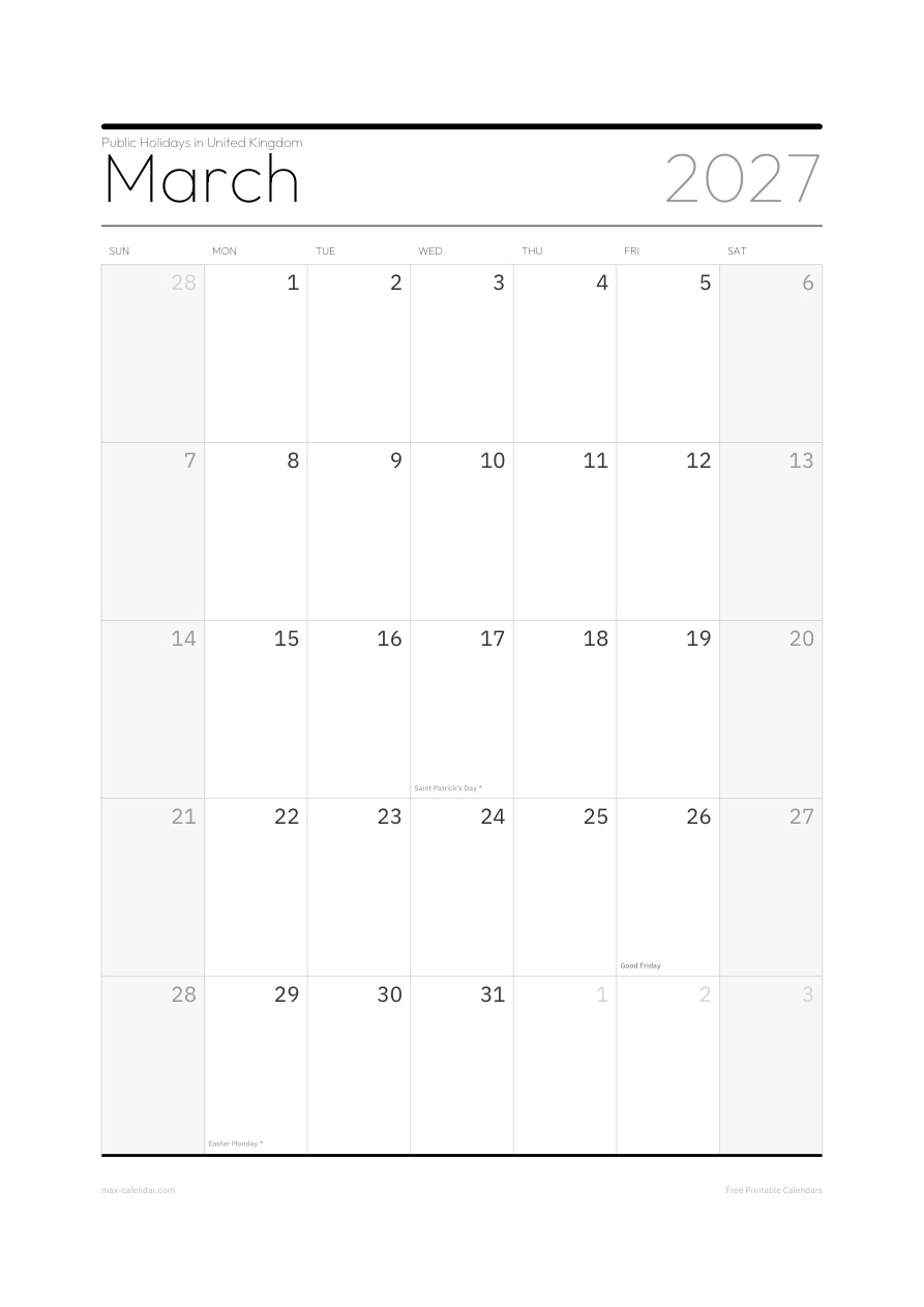 United Kingdom March 2027 holiday calendar — portrait, week starts Sunday