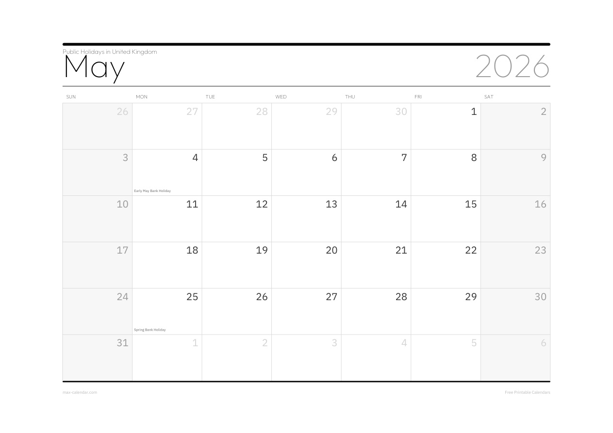 United Kingdom May 2026 holiday calendar — landscape, week starts Sunday