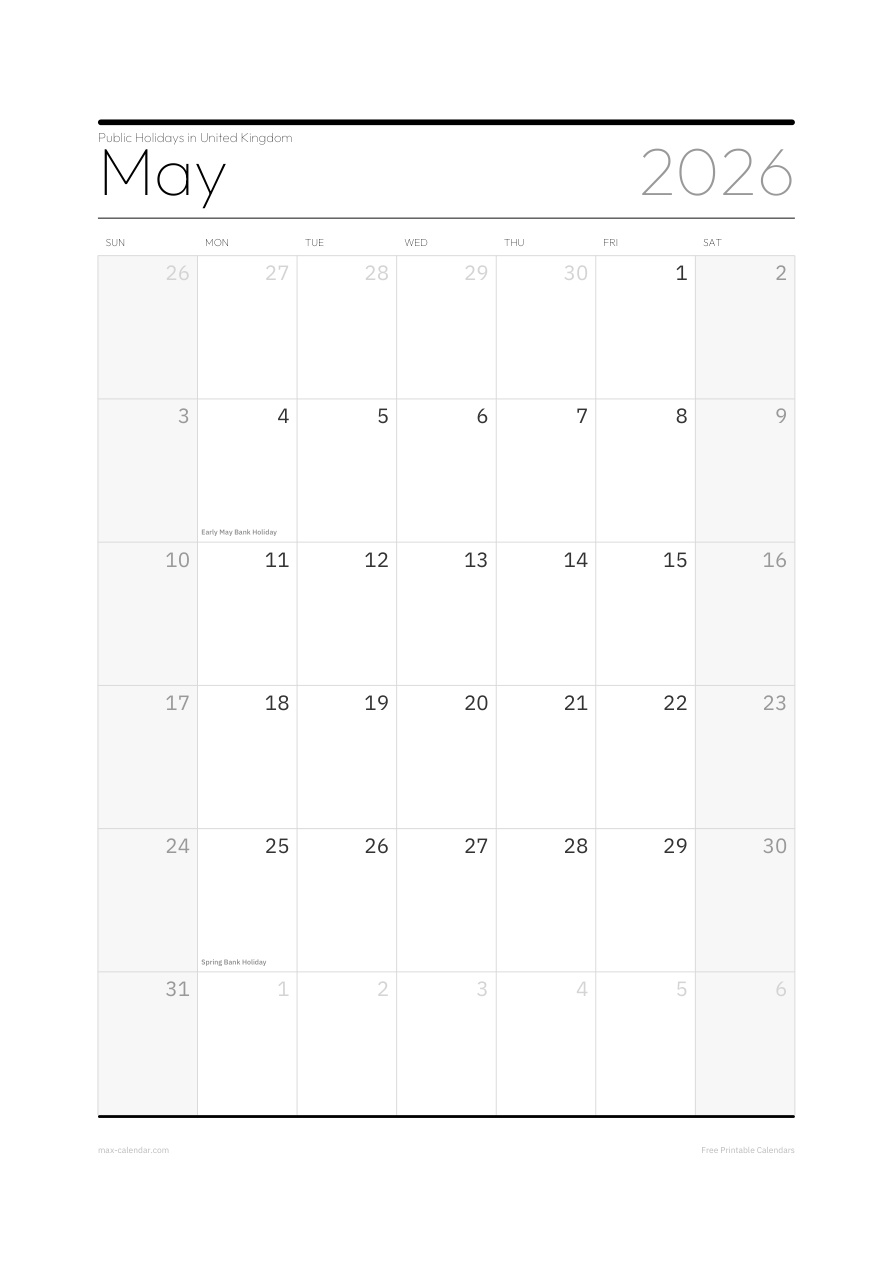 United Kingdom May 2026 holiday calendar — portrait, week starts Sunday