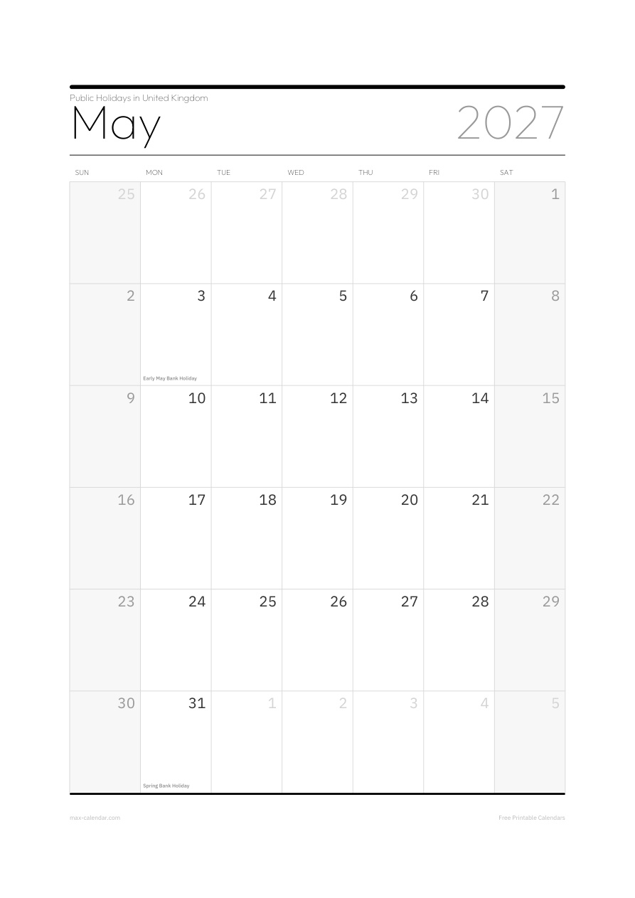 United Kingdom May 2027 holiday calendar — portrait, week starts Sunday