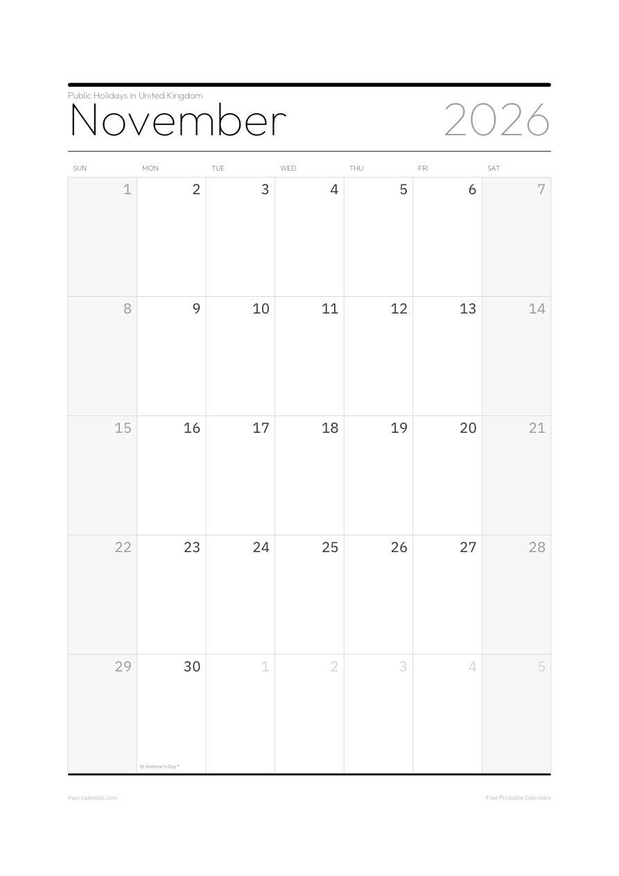 United Kingdom November 2026 holiday calendar — portrait, week starts Sunday