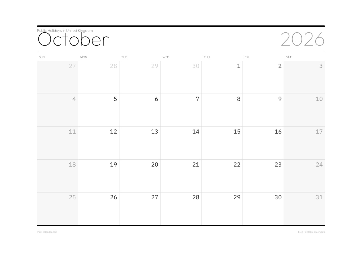 United Kingdom October 2026 holiday calendar — landscape, week starts Sunday