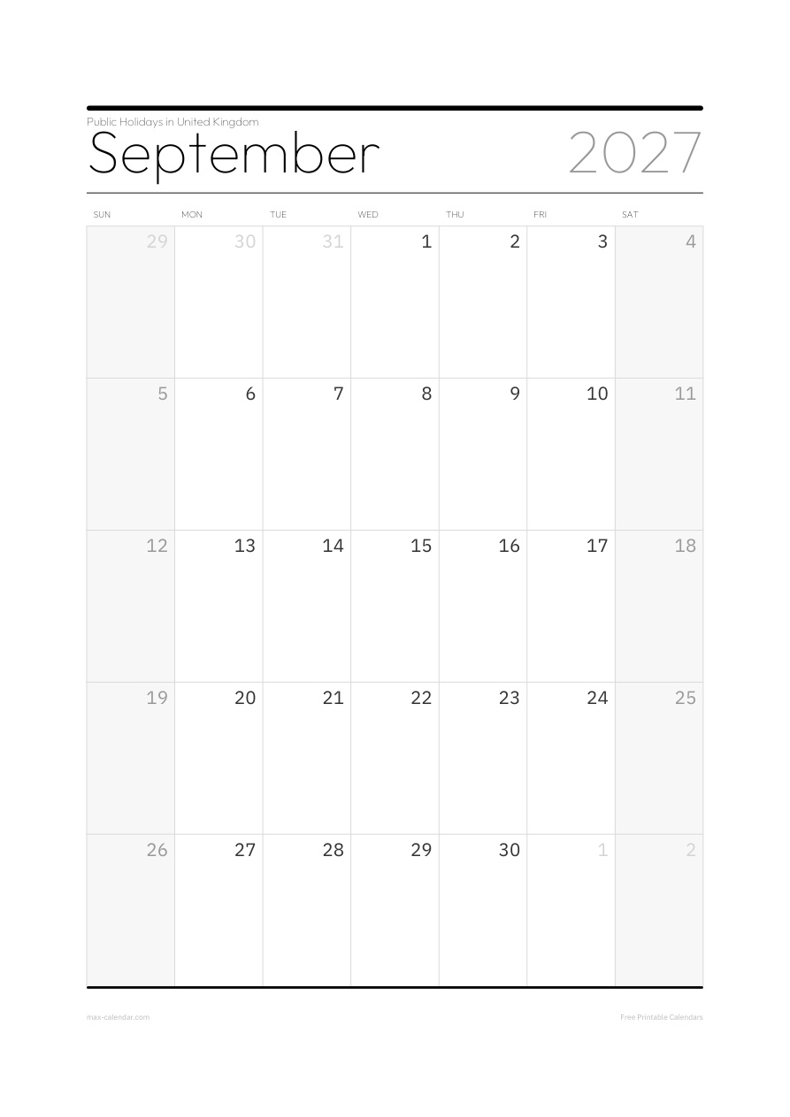 United Kingdom September 2027 holiday calendar — portrait, week starts Sunday