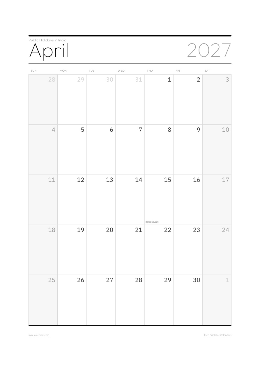 India April 2027 holiday calendar — portrait, week starts Sunday