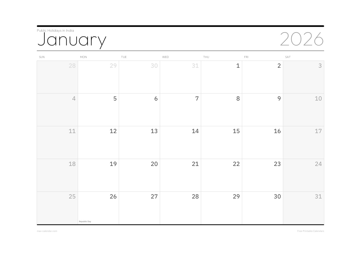 India January 2026 holiday calendar — landscape, week starts Sunday