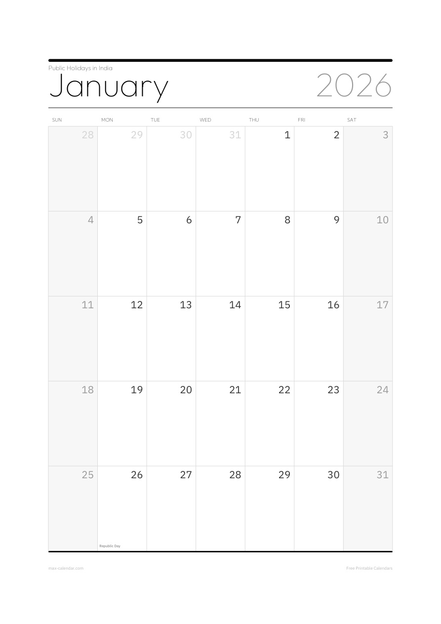 India January 2026 holiday calendar — portrait, week starts Sunday