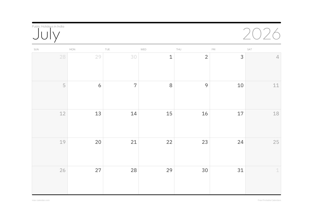 India July 2026 holiday calendar — landscape, week starts Sunday