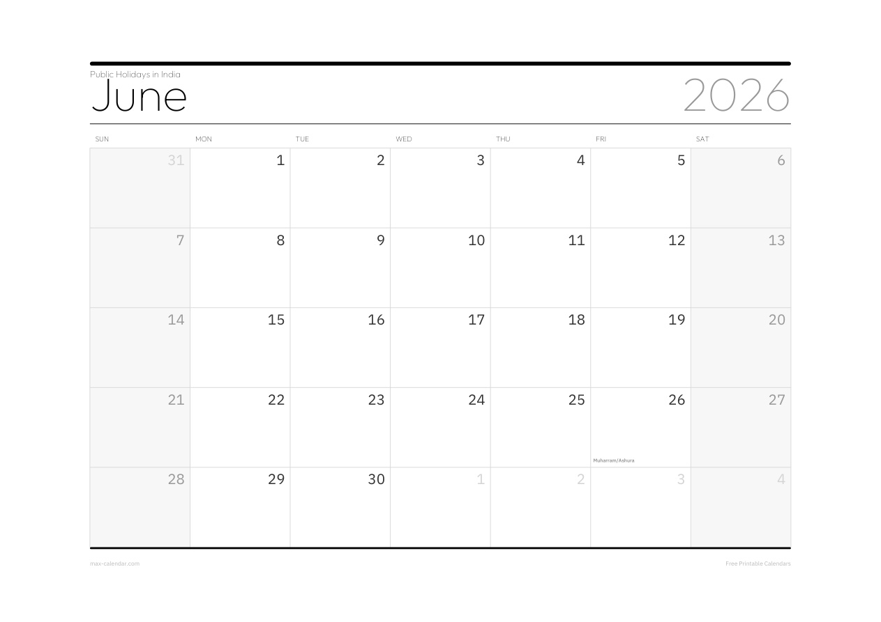 India June 2026 holiday calendar — landscape, week starts Sunday