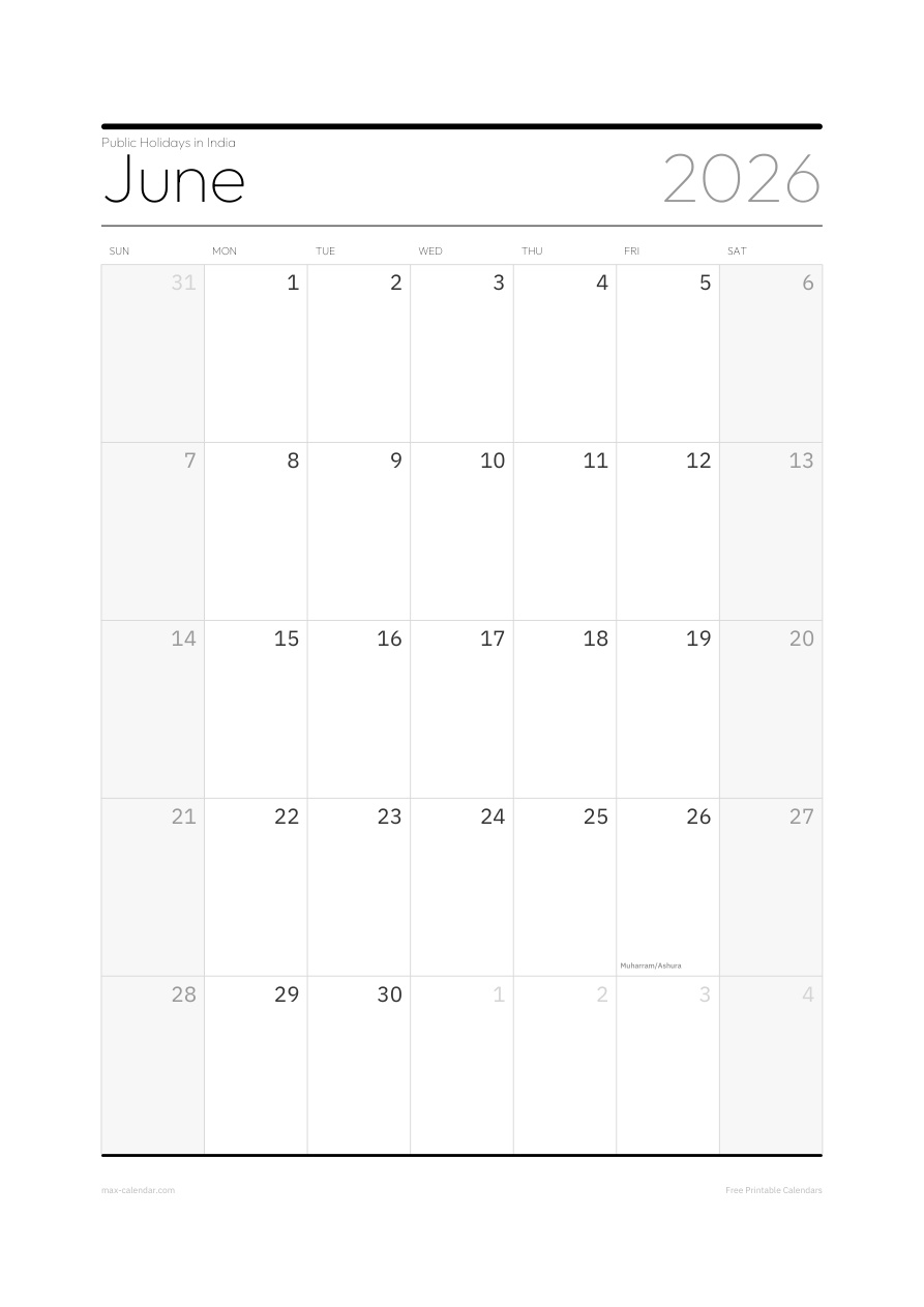 India June 2026 holiday calendar — portrait, week starts Sunday