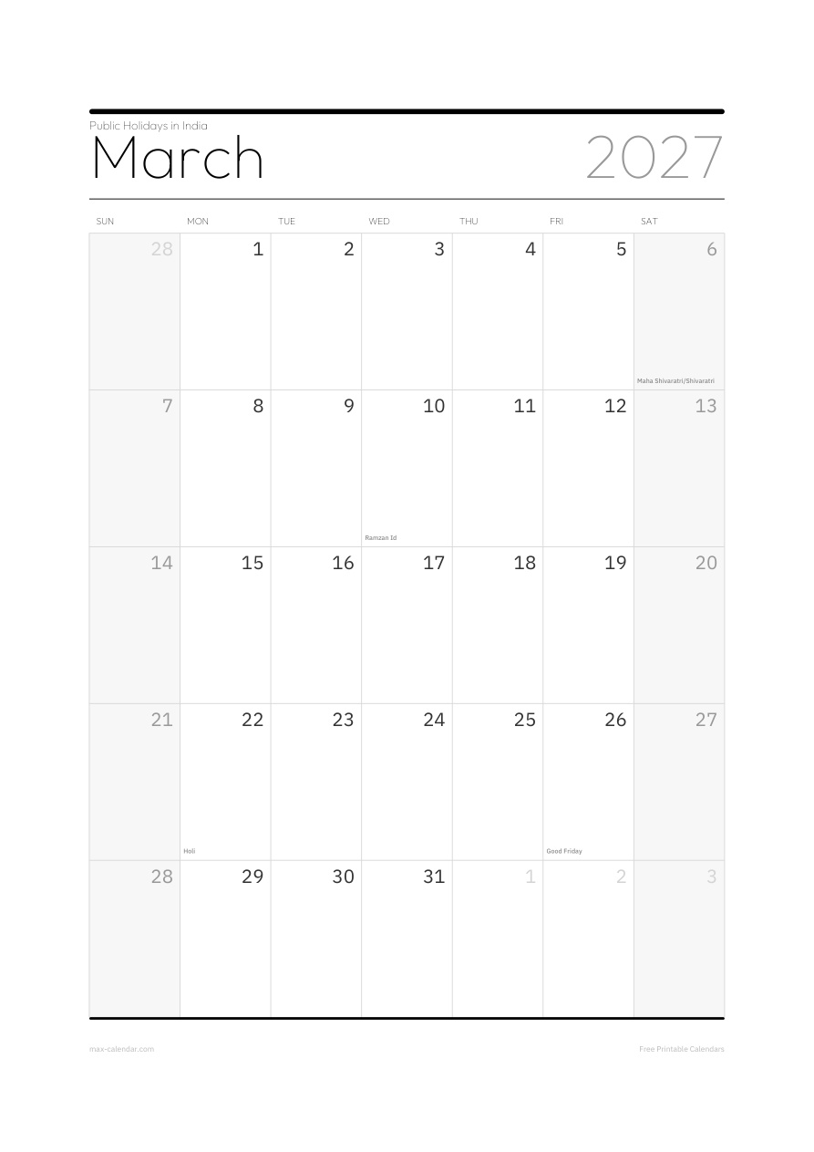 India March 2027 holiday calendar — portrait, week starts Sunday