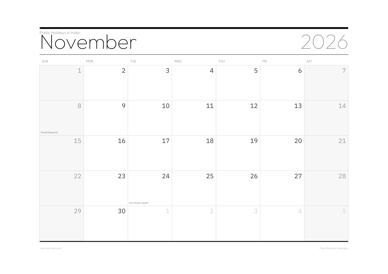 India November 2026 holiday calendar — landscape, week starts Sunday