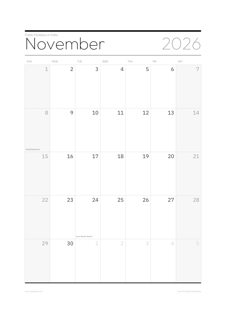 India November 2026 holiday calendar — portrait, week starts Sunday