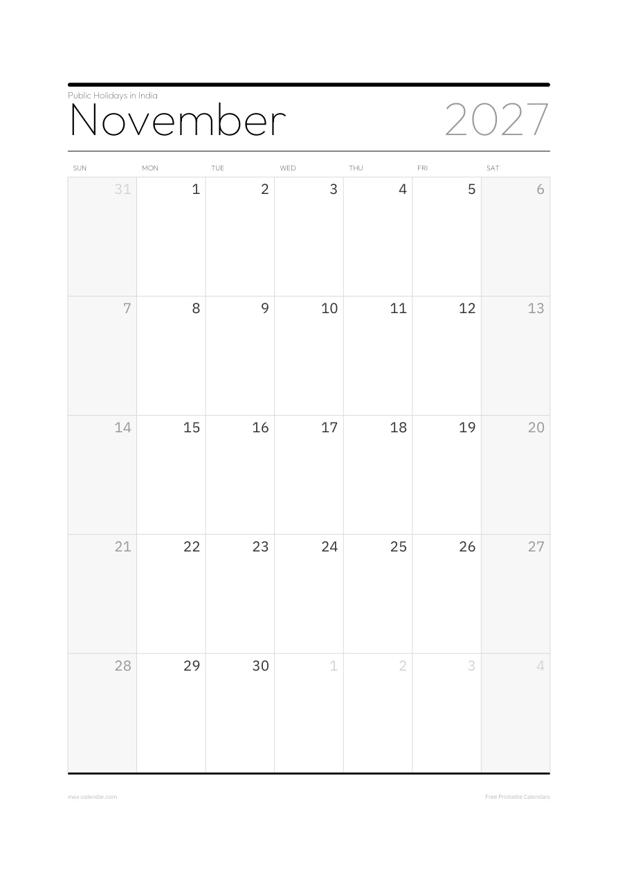 India November 2027 holiday calendar — portrait, week starts Sunday