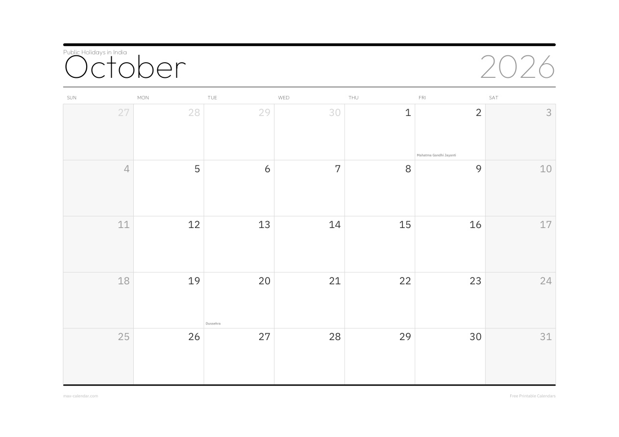 India October 2026 holiday calendar — landscape, week starts Sunday