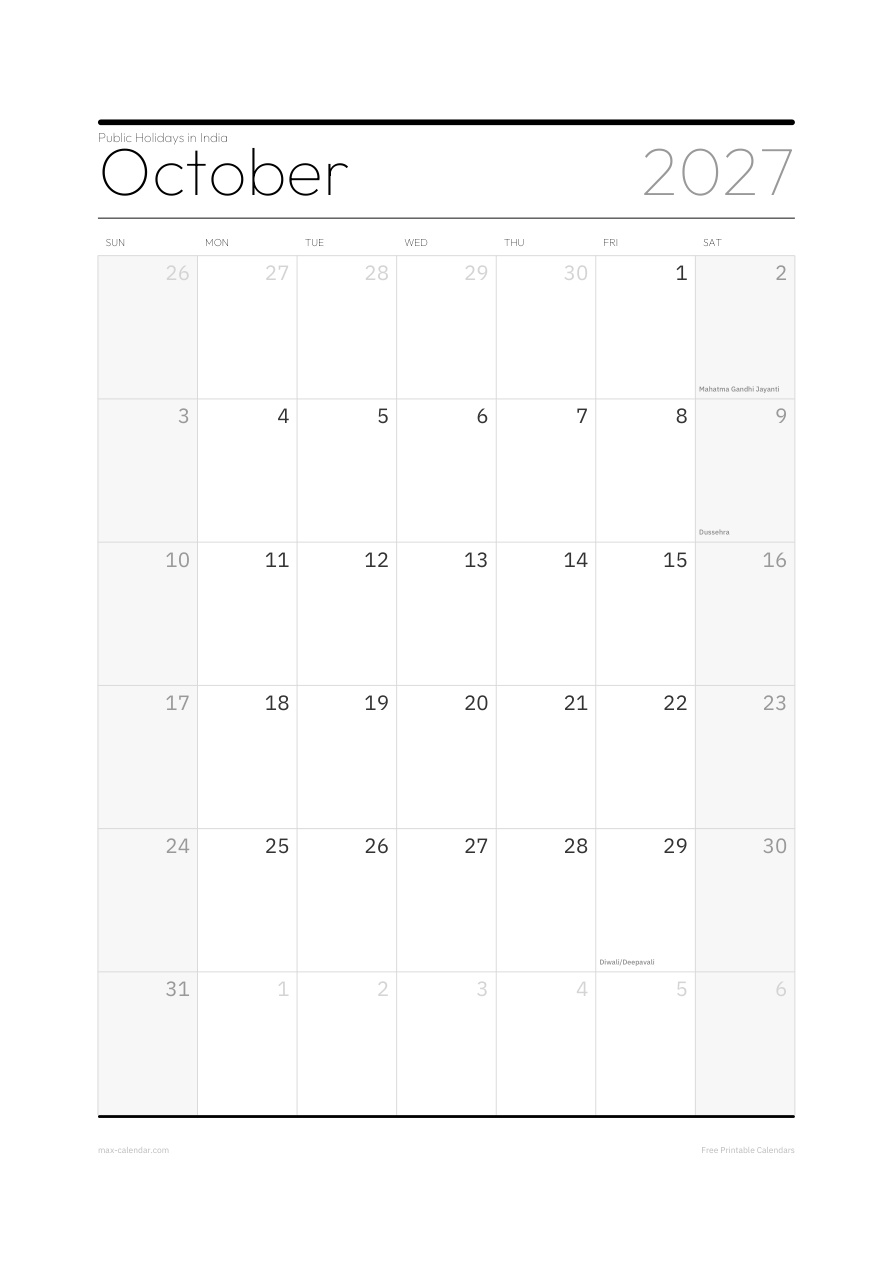 India October 2027 holiday calendar — portrait, week starts Sunday