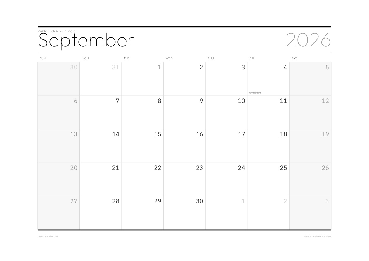 India September 2026 holiday calendar — landscape, week starts Sunday