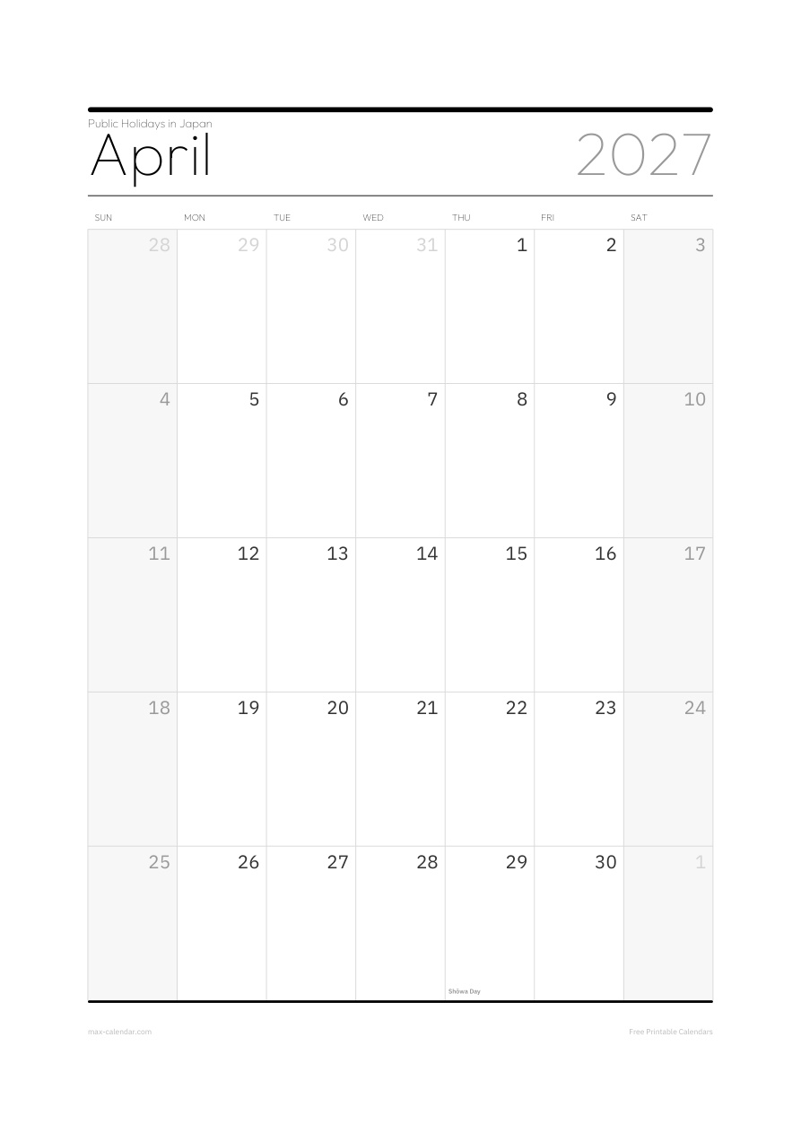 Japan April 2027 holiday calendar — portrait, week starts Sunday