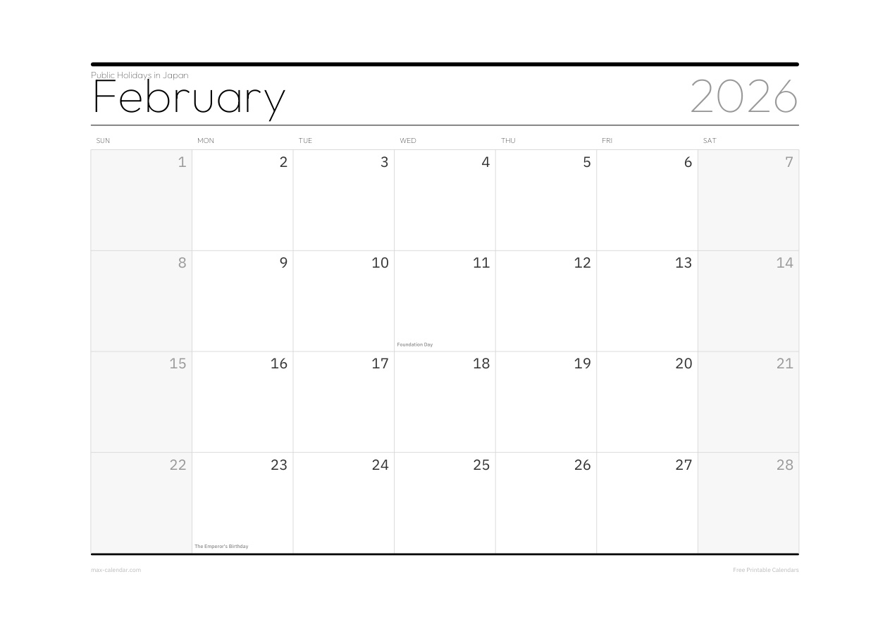 Japan February 2026 holiday calendar — landscape, week starts Sunday
