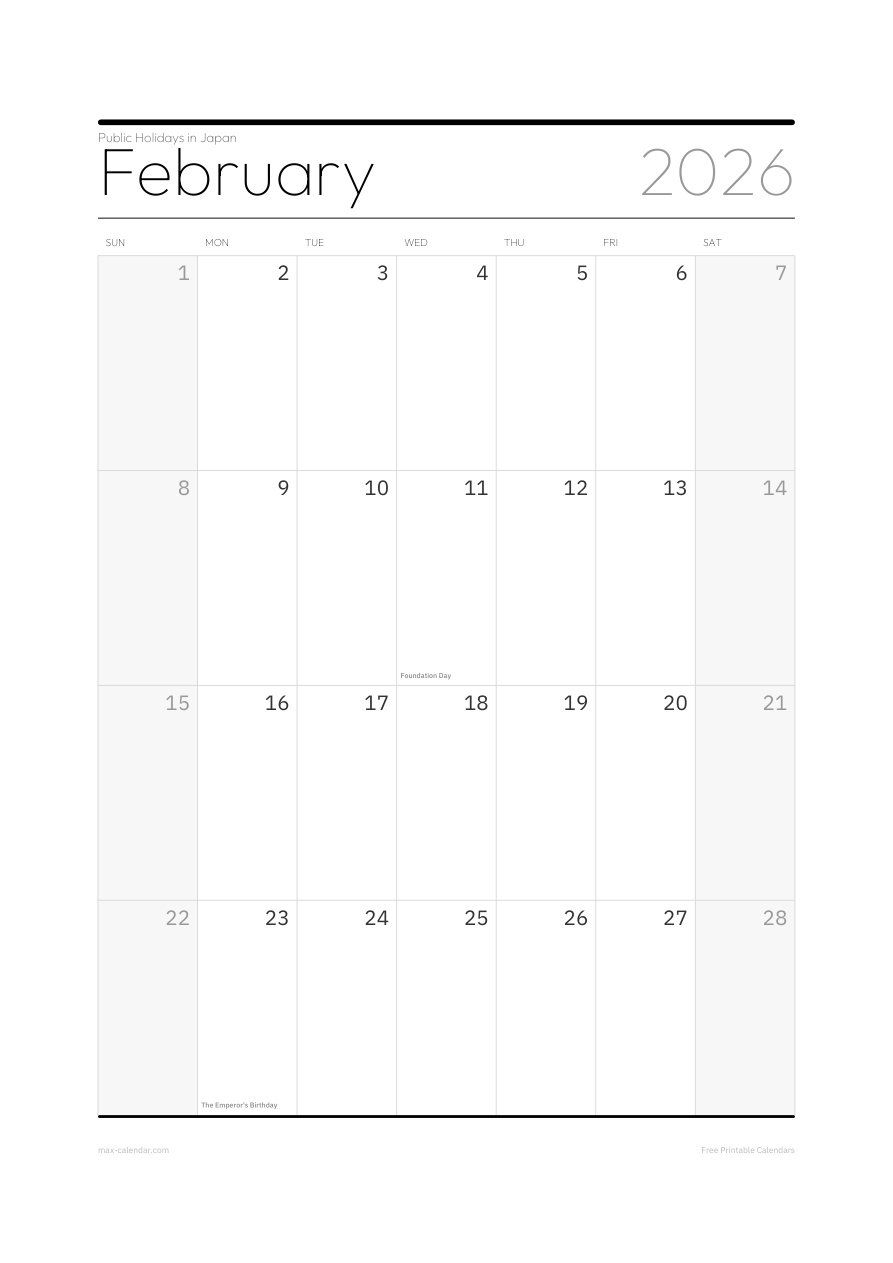 Japan February 2026 holiday calendar — portrait, week starts Sunday