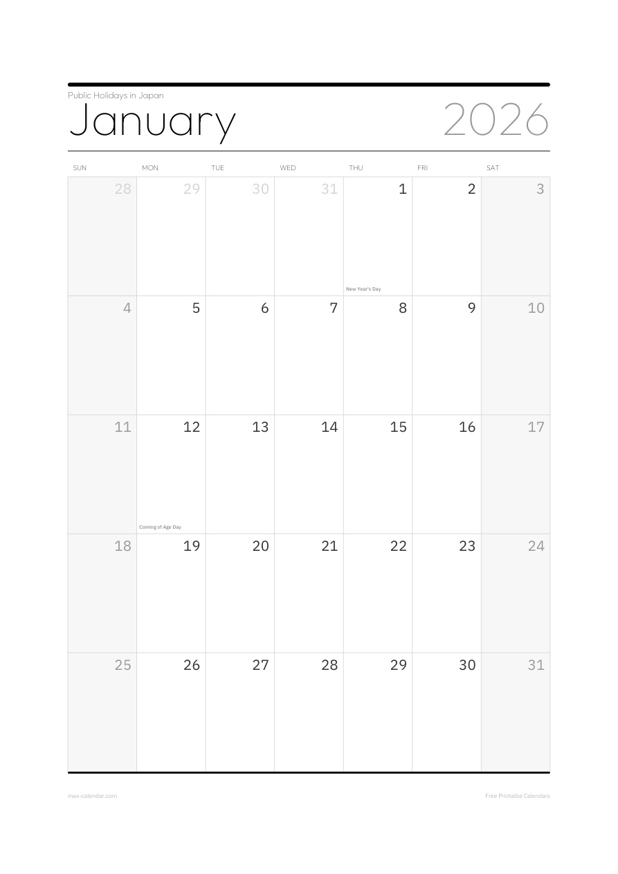 Japan January 2026 holiday calendar — portrait, week starts Sunday