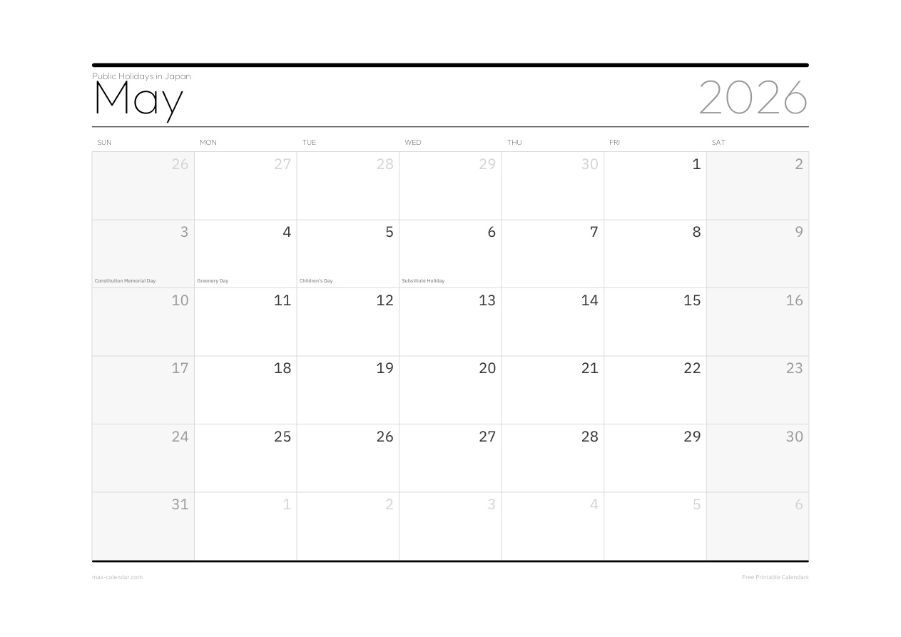 Japan May 2026 holiday calendar — landscape, week starts Sunday