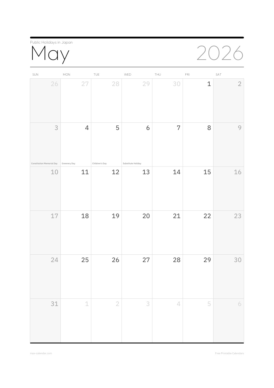 Japan May 2026 holiday calendar — portrait, week starts Sunday