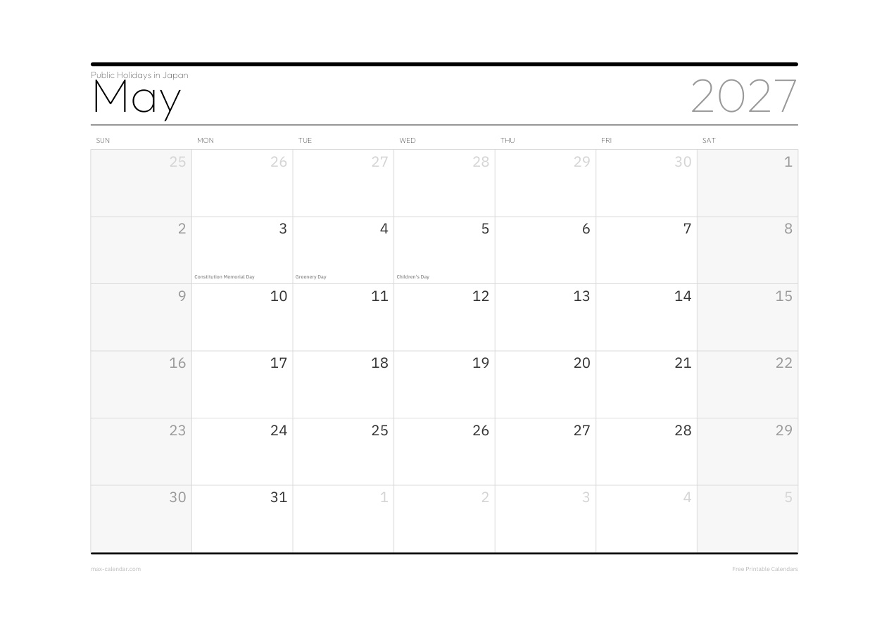 Japan May 2027 holiday calendar — landscape, week starts Sunday
