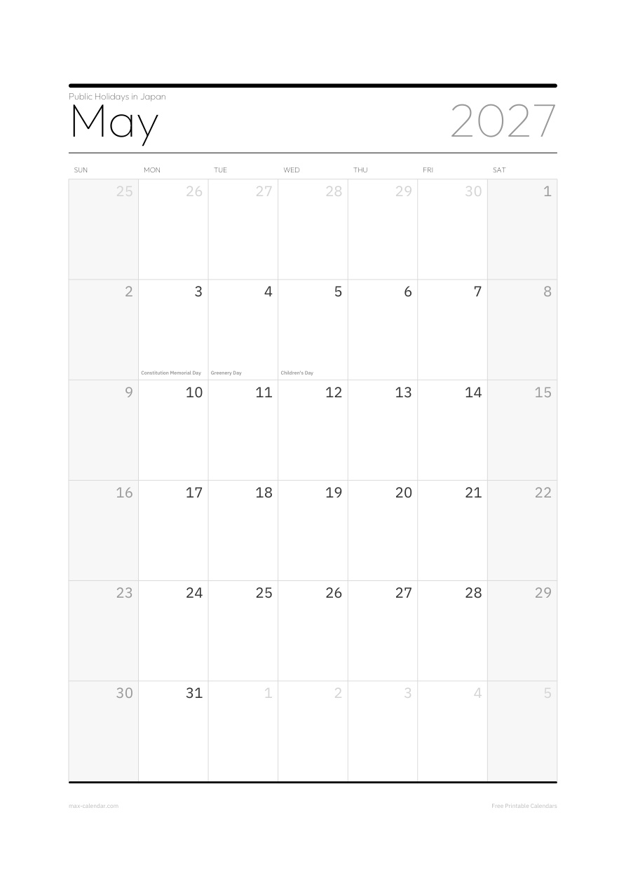 Japan May 2027 holiday calendar — portrait, week starts Sunday