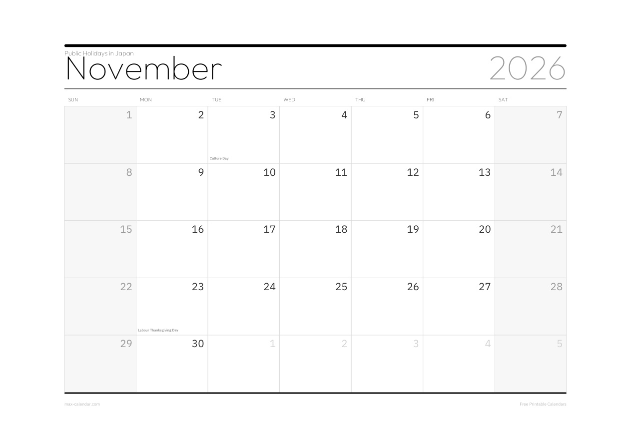 Japan November 2026 holiday calendar — landscape, week starts Sunday