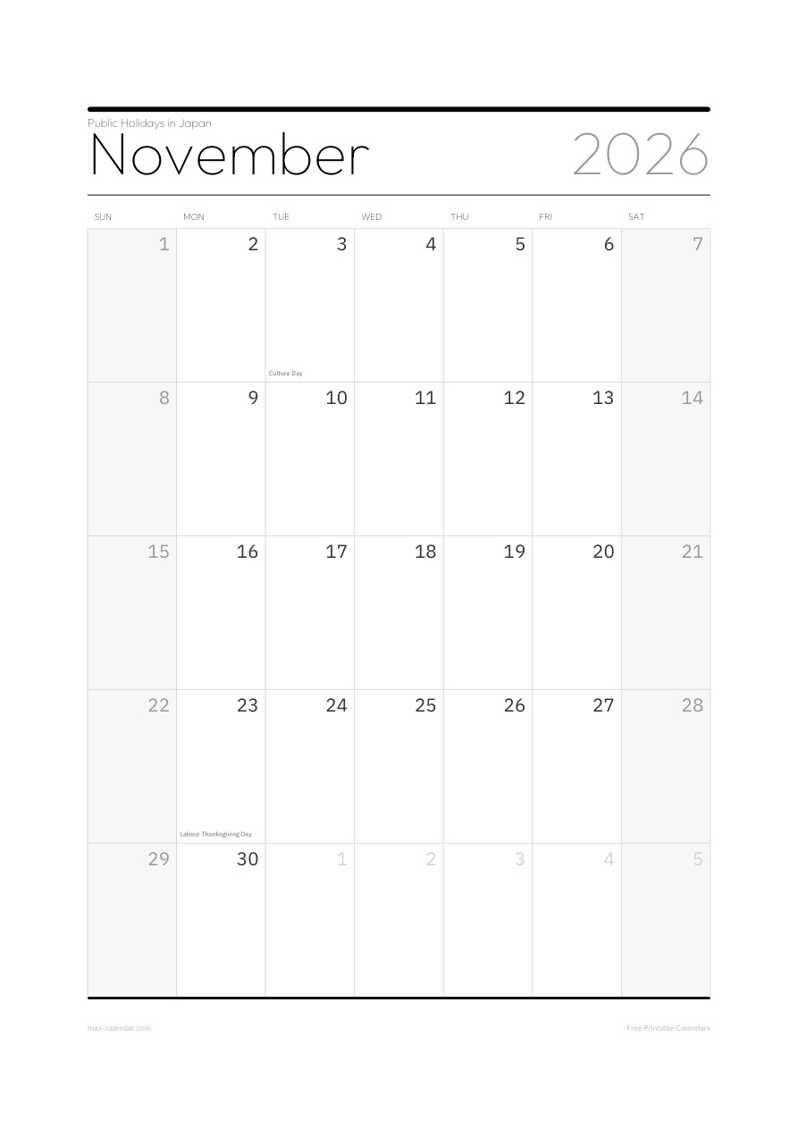 Japan November 2026 holiday calendar — portrait, week starts Sunday