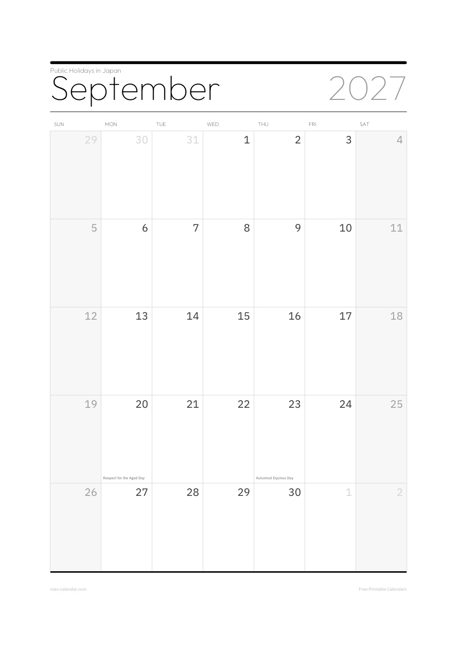 Japan September 2027 holiday calendar — portrait, week starts Sunday