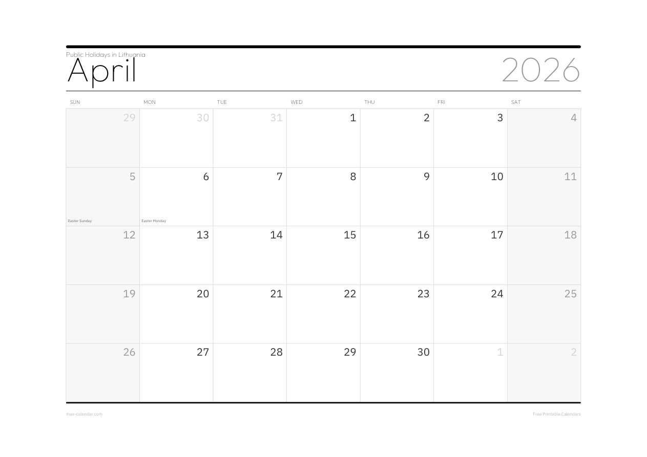 Lithuania April 2026 holiday calendar — landscape, week starts Sunday