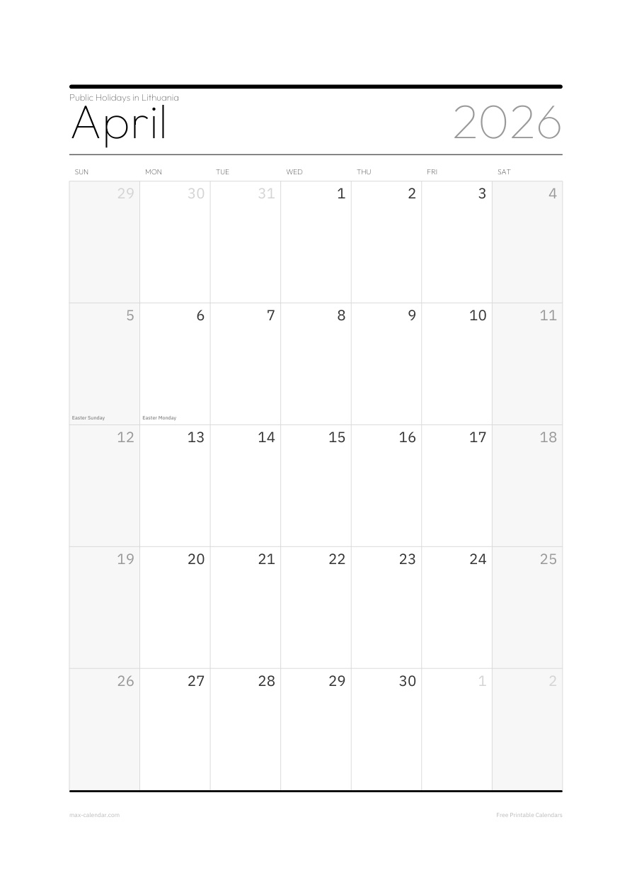 Lithuania April 2026 holiday calendar — portrait, week starts Sunday