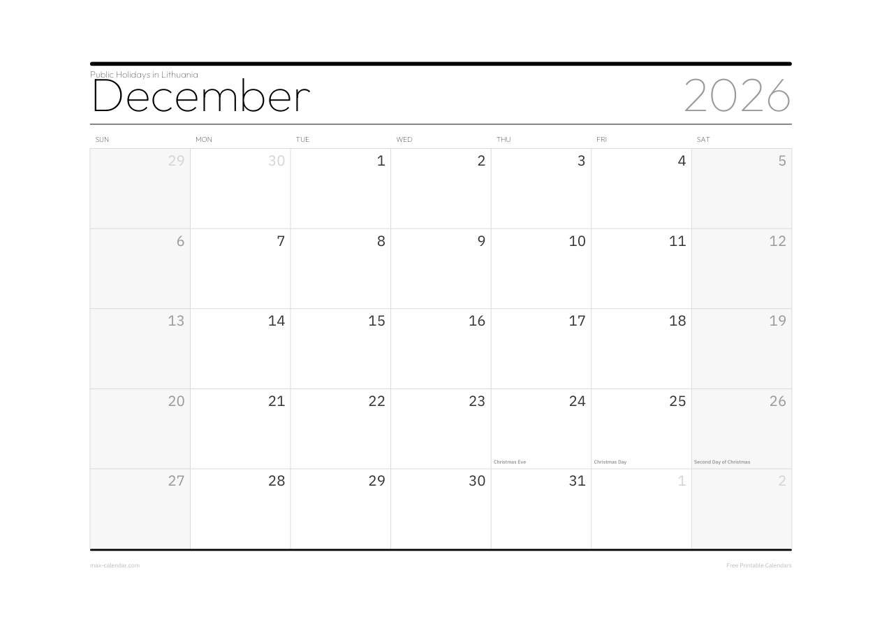 Lithuania December 2026 holiday calendar — landscape, week starts Sunday