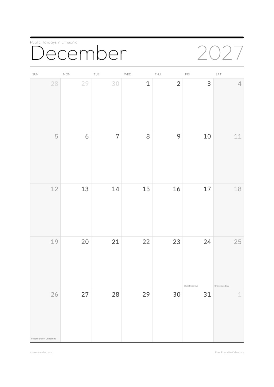 Lithuania December 2027 holiday calendar — portrait, week starts Sunday