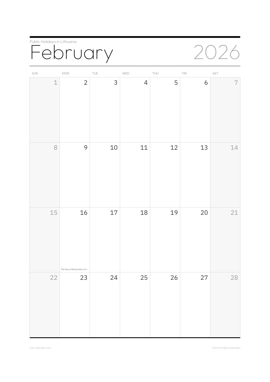 Lithuania February 2026 holiday calendar — portrait, week starts Sunday
