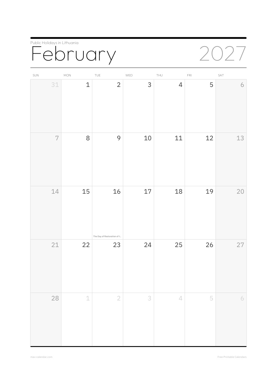 Lithuania February 2027 holiday calendar — portrait, week starts Sunday