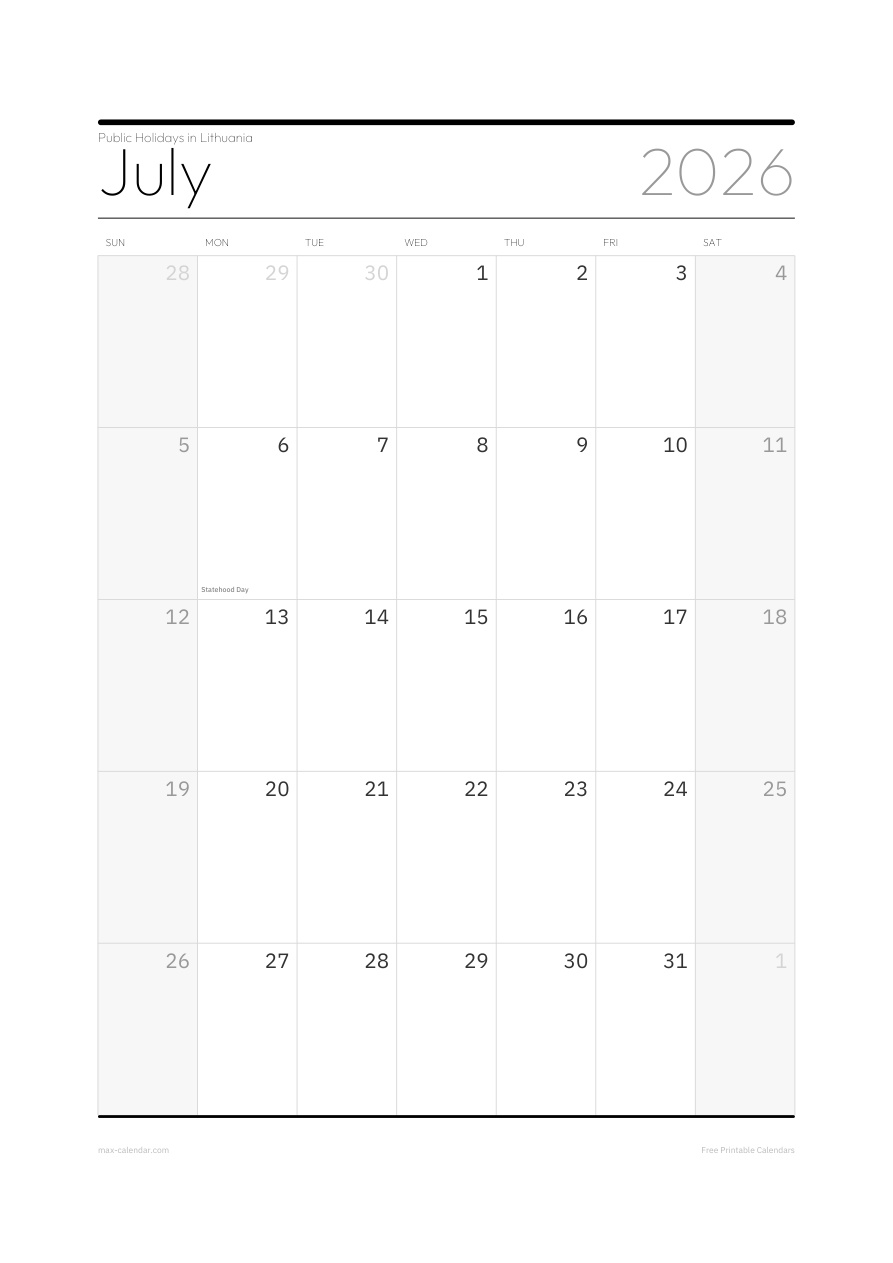 Lithuania July 2026 holiday calendar — portrait, week starts Sunday