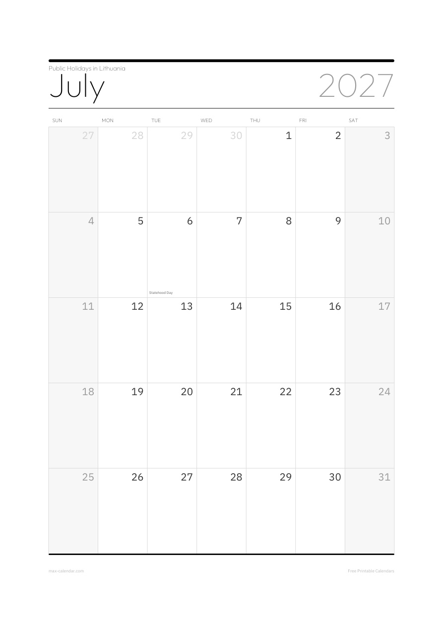 Lithuania July 2027 holiday calendar — portrait, week starts Sunday