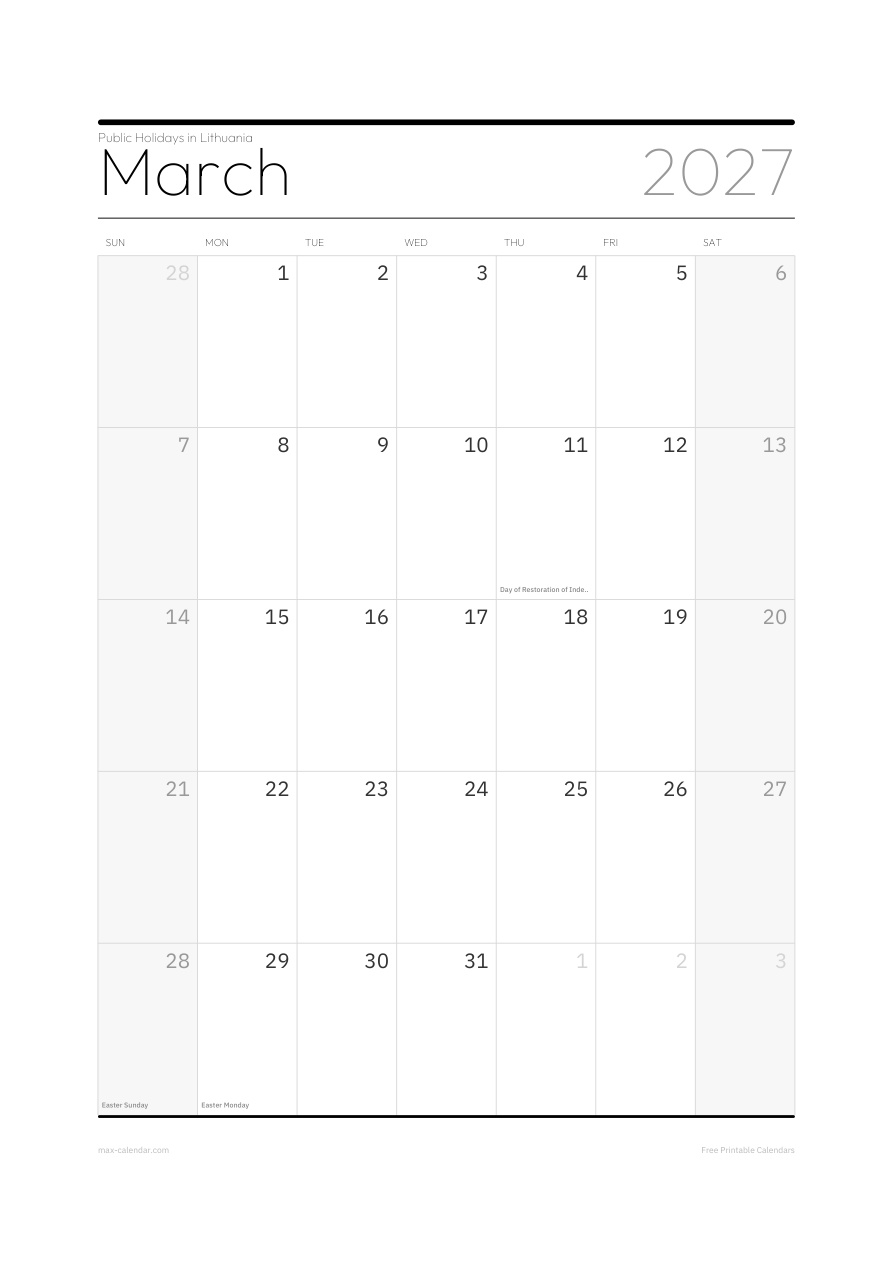 Lithuania March 2027 holiday calendar — portrait, week starts Sunday