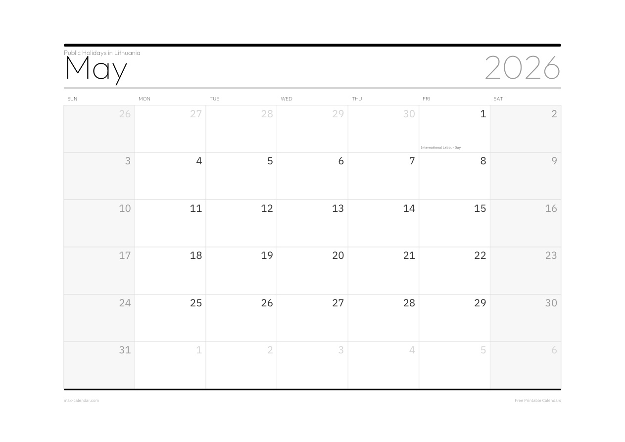 Lithuania May 2026 holiday calendar — landscape, week starts Sunday