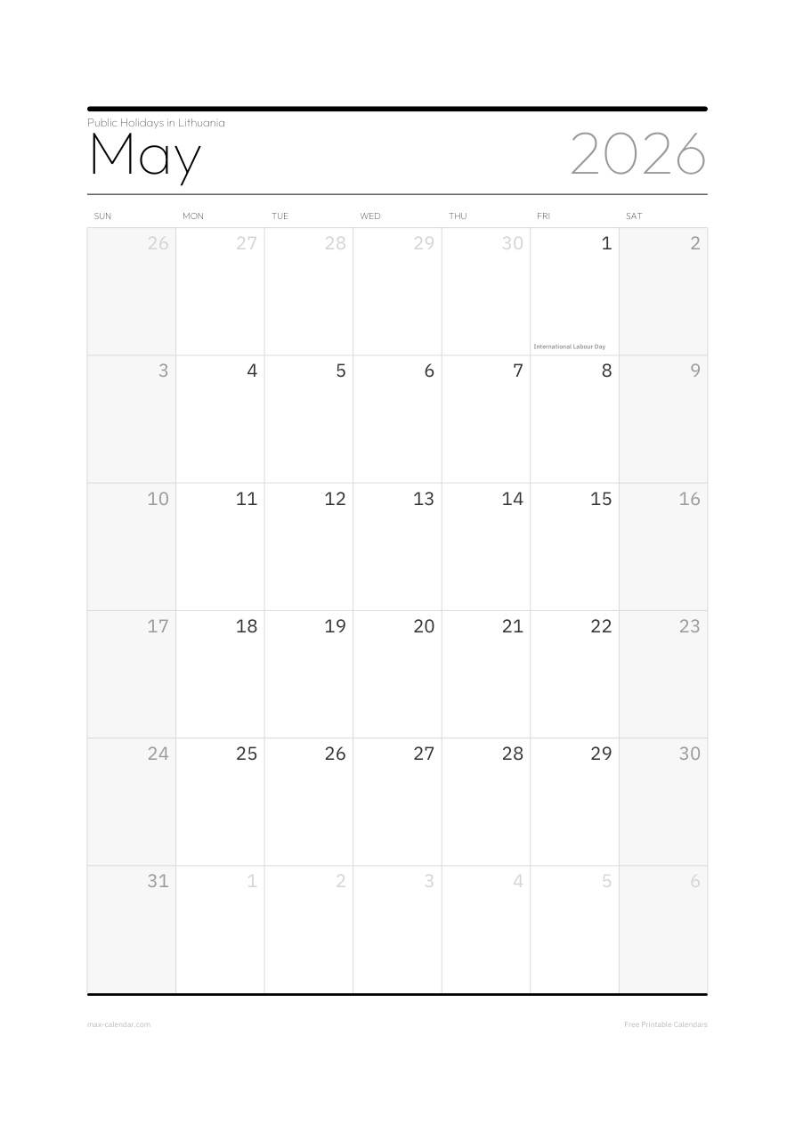 Lithuania May 2026 holiday calendar — portrait, week starts Sunday