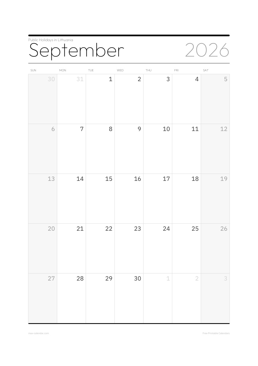 Lithuania September 2026 holiday calendar — portrait, week starts Sunday