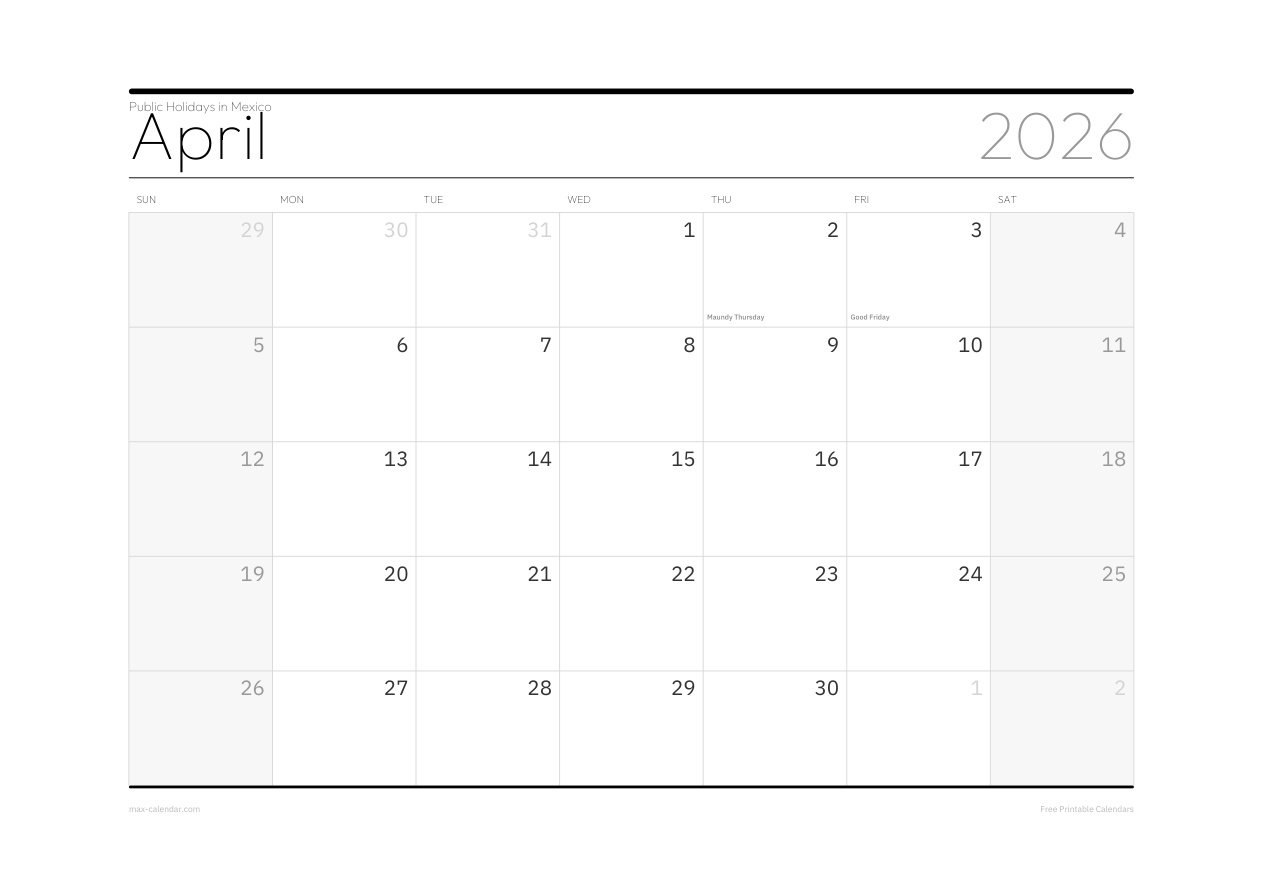 Mexico April 2026 holiday calendar — landscape, week starts Sunday