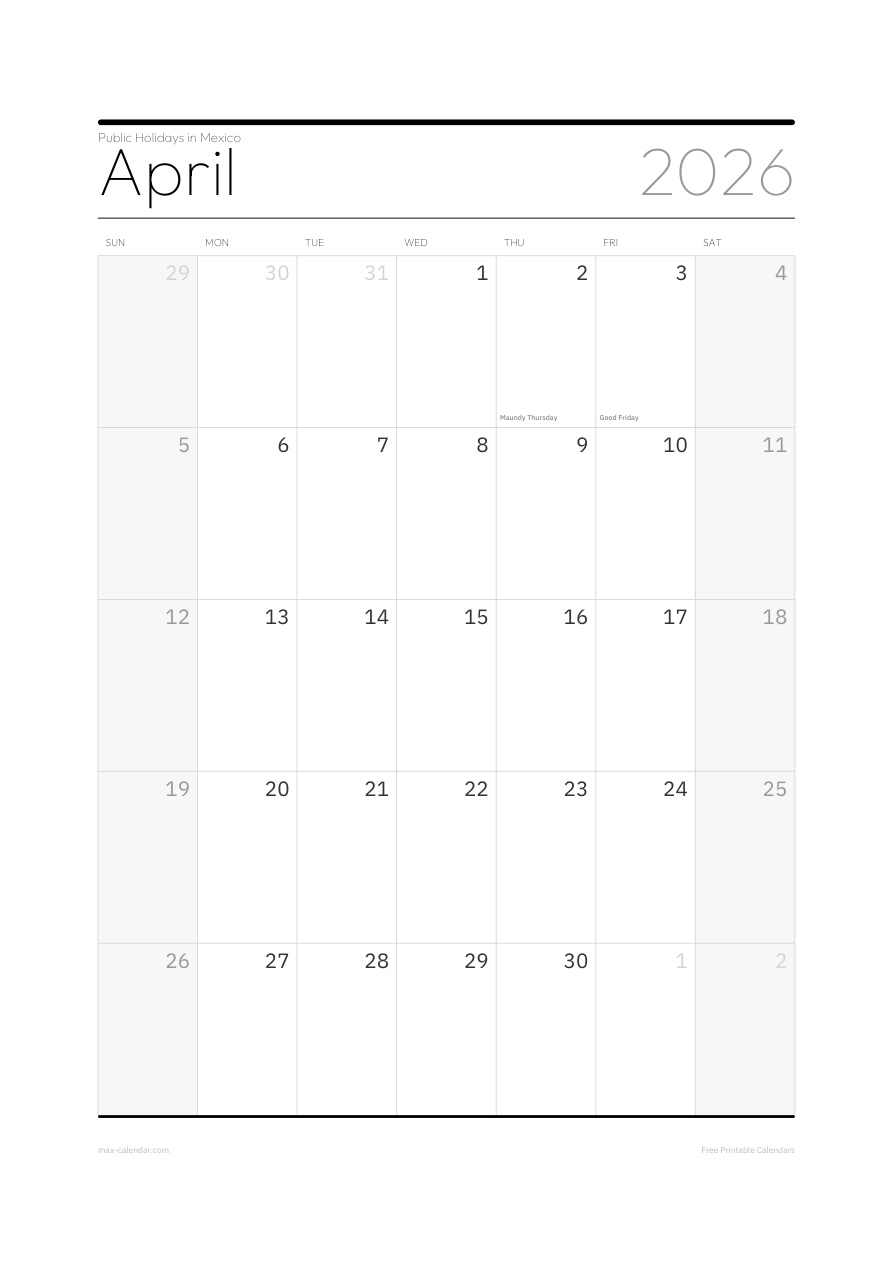 Mexico April 2026 holiday calendar — portrait, week starts Sunday