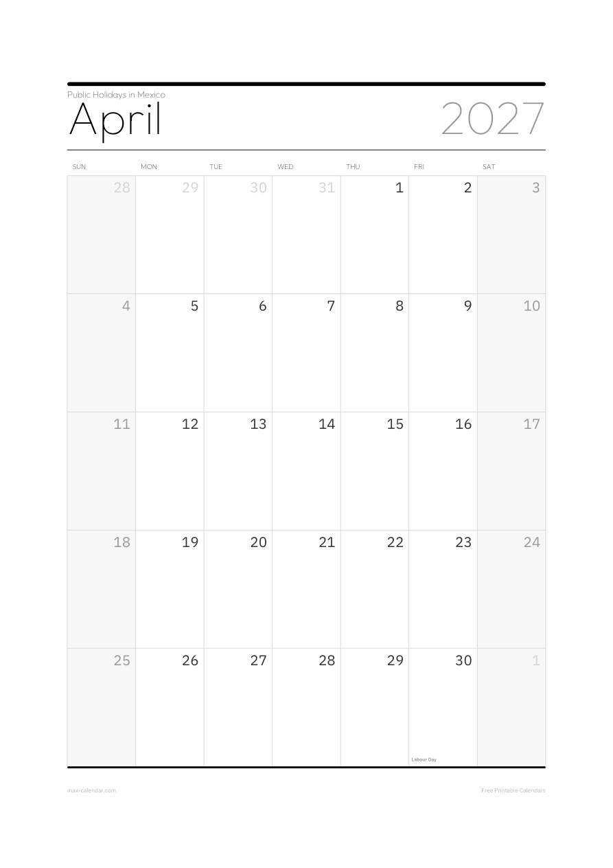Mexico April 2027 holiday calendar — portrait, week starts Sunday
