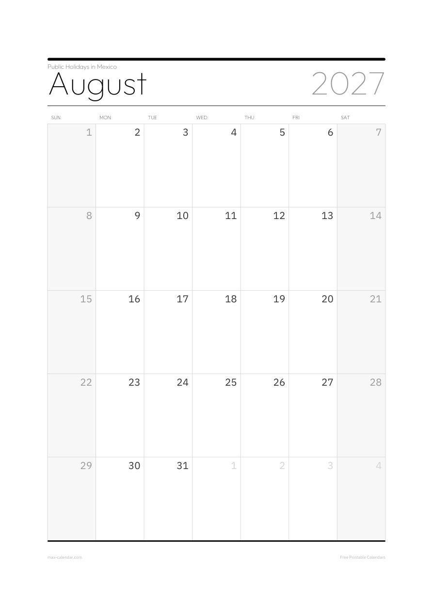 Mexico August 2027 holiday calendar — portrait, week starts Sunday